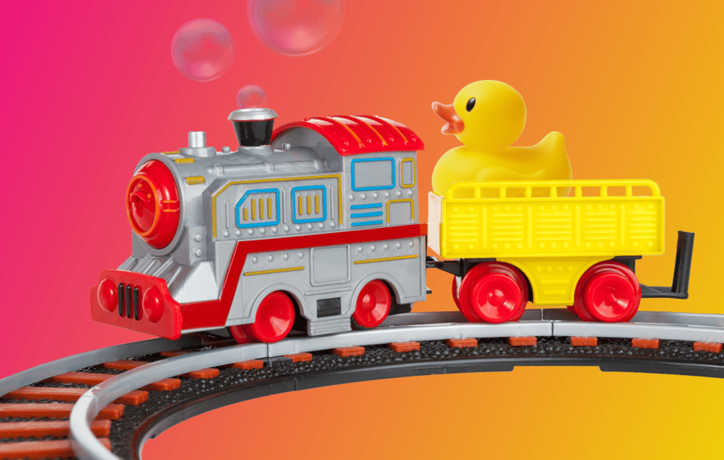 A rubber duck riding on a train