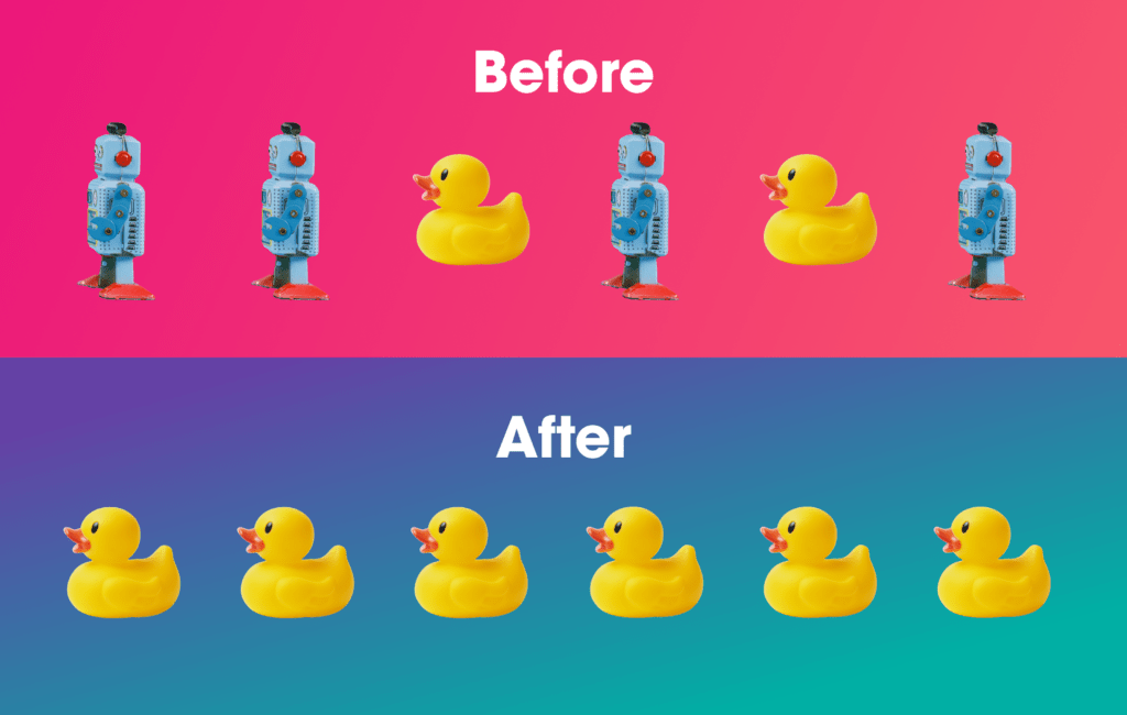 Before-after captcha image showing robots and ducks