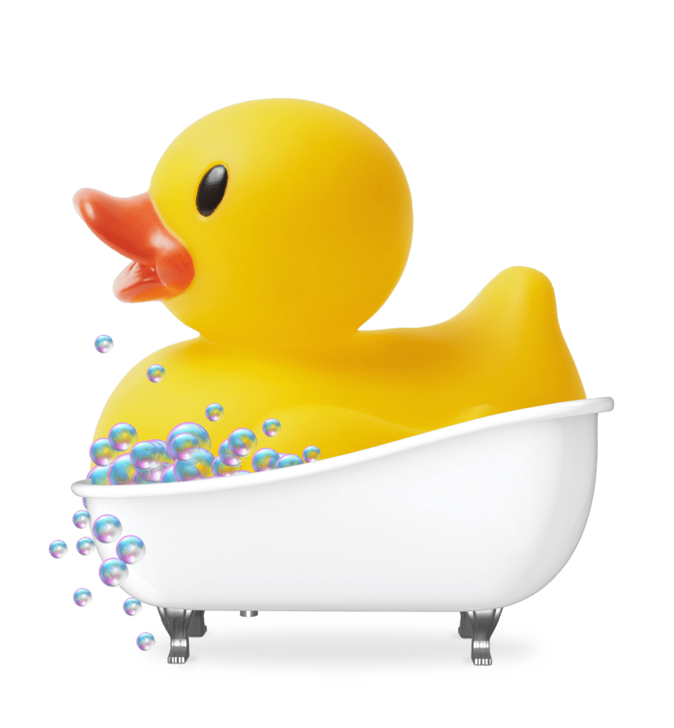 Large duck in a small bubble bath